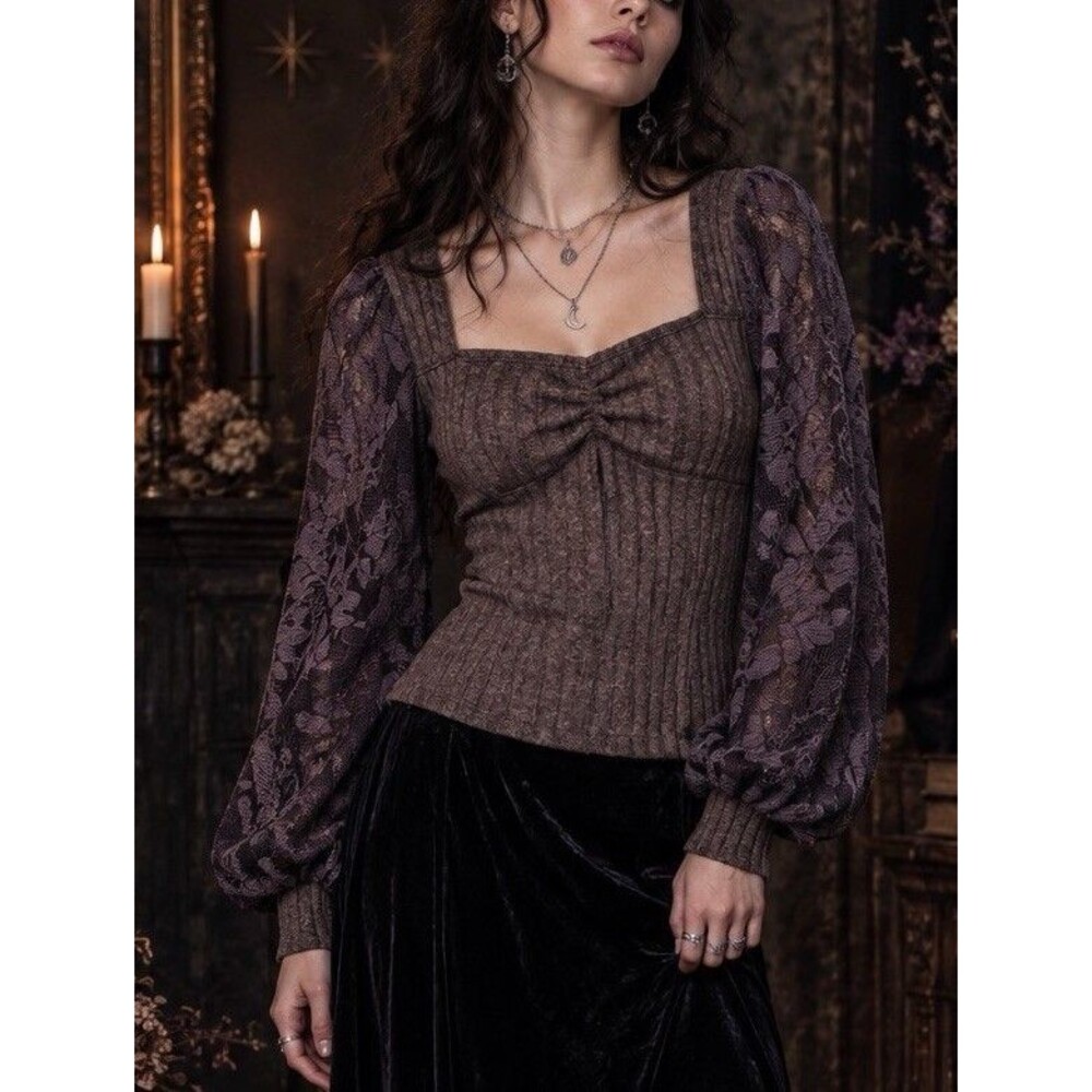 🔥Whimsigoth Floral Lace Top Blouse Violet Silhouette Sweater Motif Boho Emo M